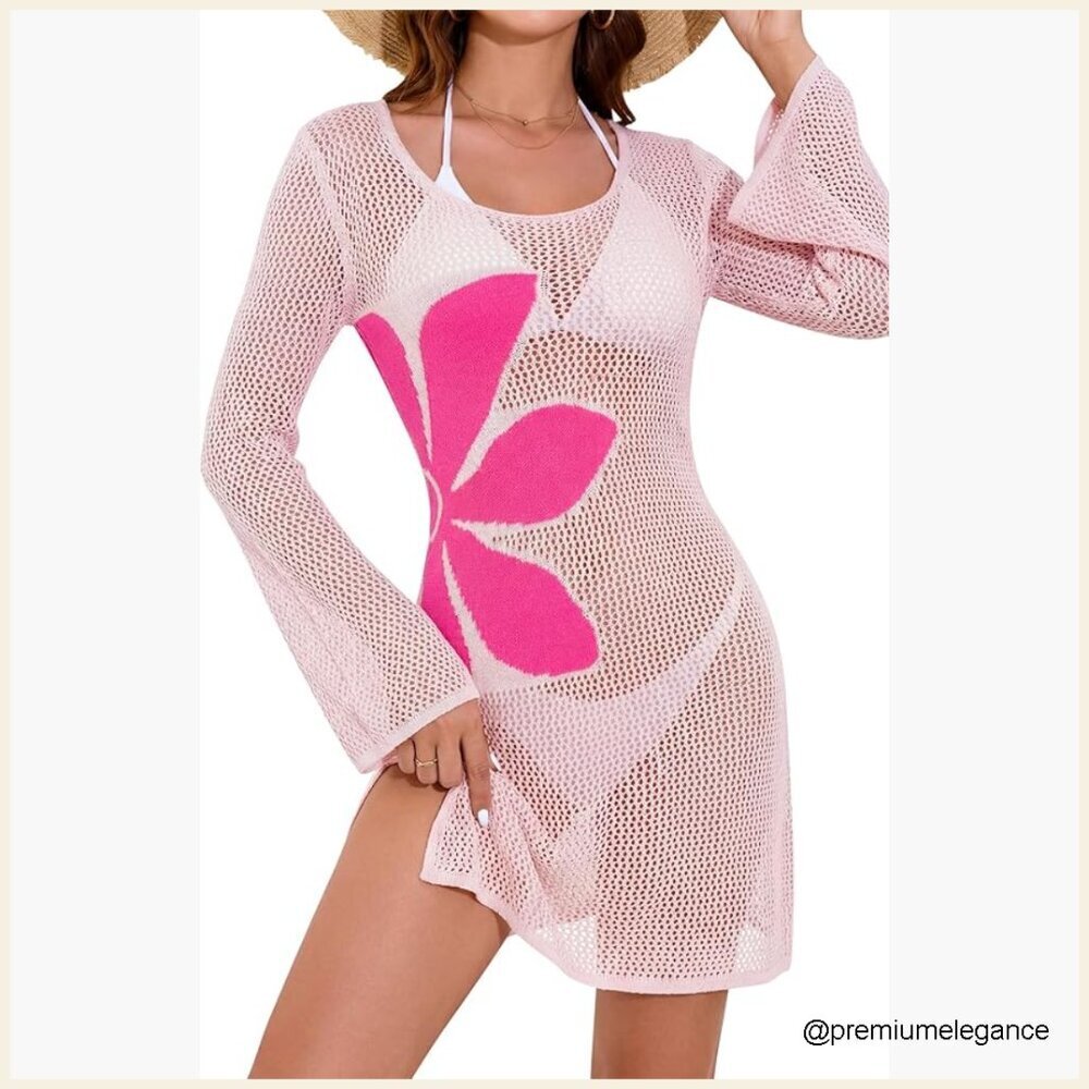 Crochet Beach Cover Up Floral Boho Dress Long Sleeve Mini